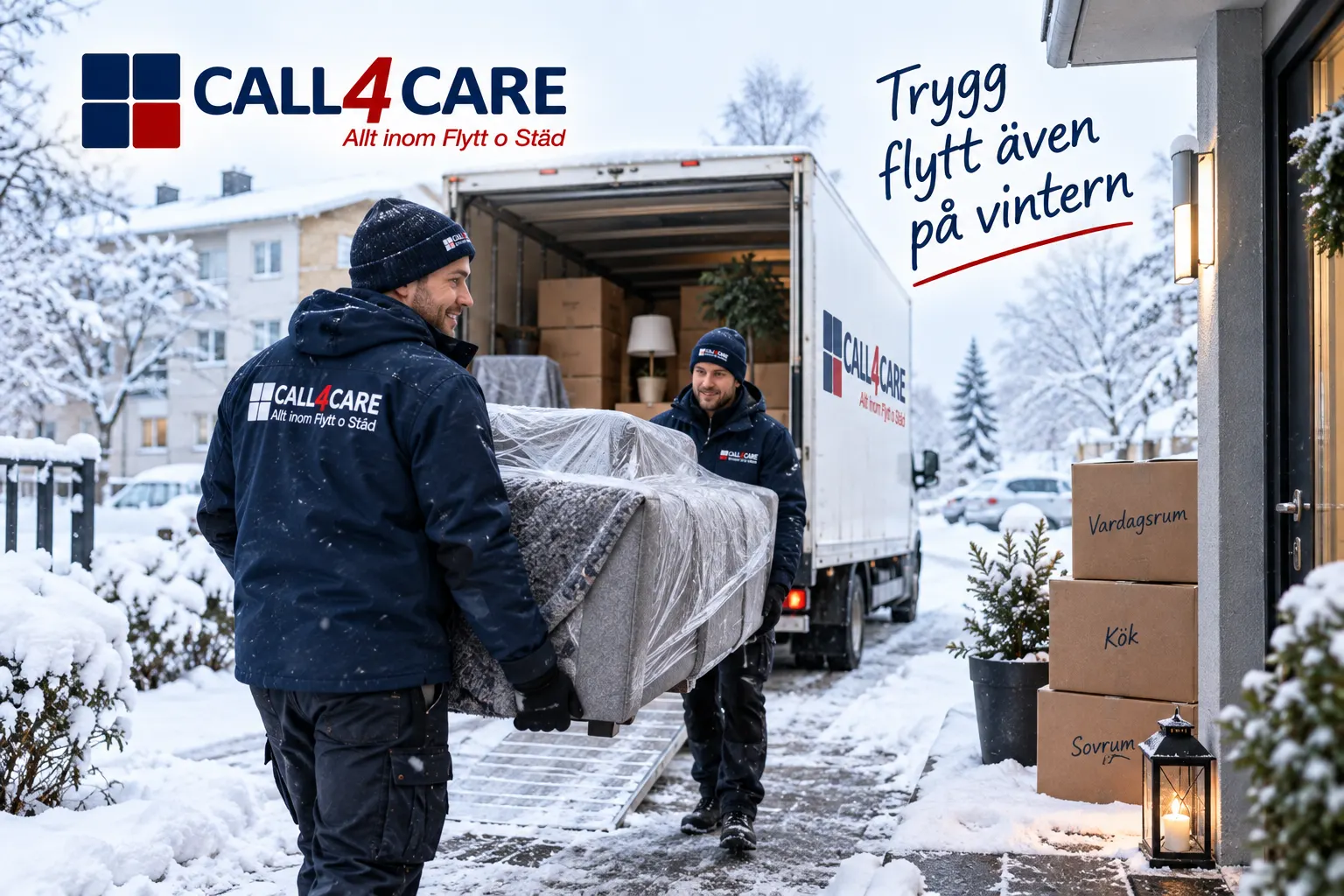 Flytta på vintern: så skyddar du bohag, bostad och flyttdag mot snö, kyla och halka 1 Flytta på vintern med professionell flyttpersonal, skyddade möbler, flyttkartonger och snö utanför bostaden